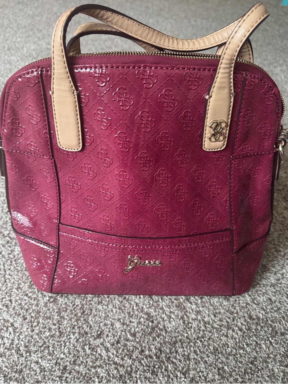 Guess Glossy Burgundy Satchel with Tan Handles